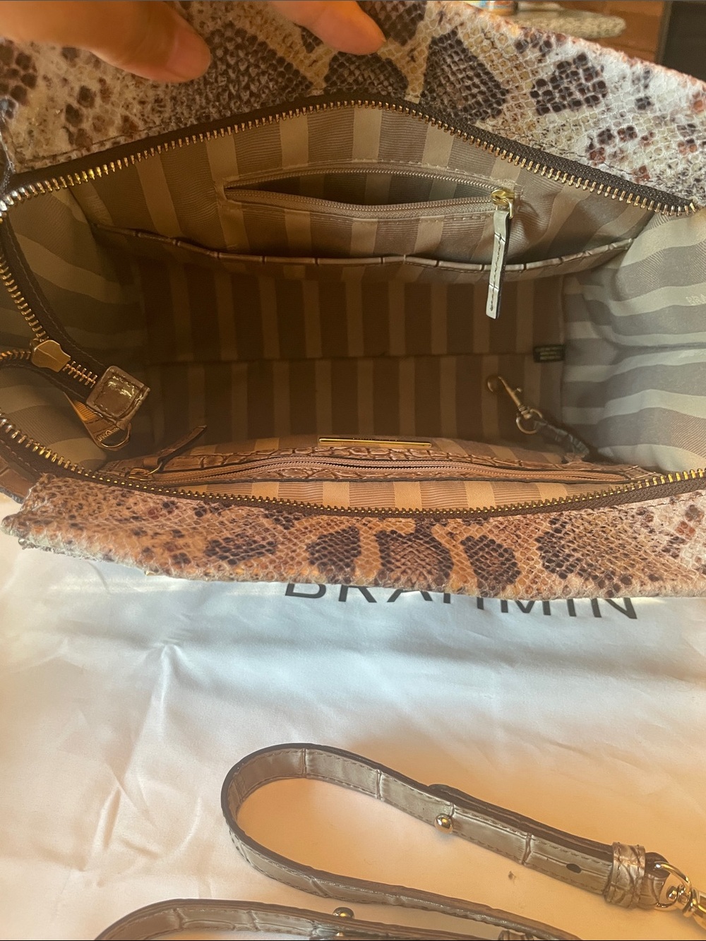 Brahmin Taupe and Brown Snake-Embossed Leather Satchel with Removable Strap - Picture 5 of 7